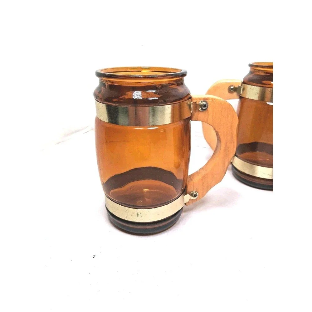 Vintage Amber Glass Beer Mugs Wood Handle Set Of 4 Saloon Mancave